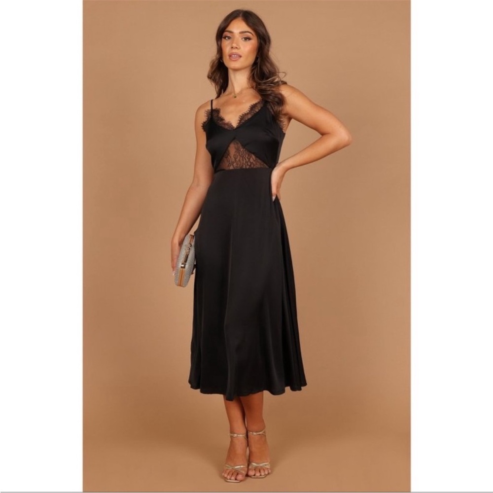 Black satin A-line Midi Dress size 0, fits more like a 2